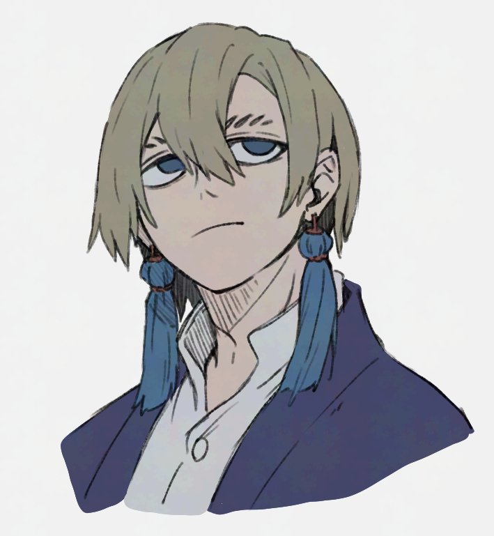 teo (teorekka), zanka nijiku, gachiakuta, 1boy, blonde hair, blue eyes, blue jacket, closed mouth, earrings, jacket, jewelry, shirt, simple background, solo, tassel, tassel earrings, white background, white shirt