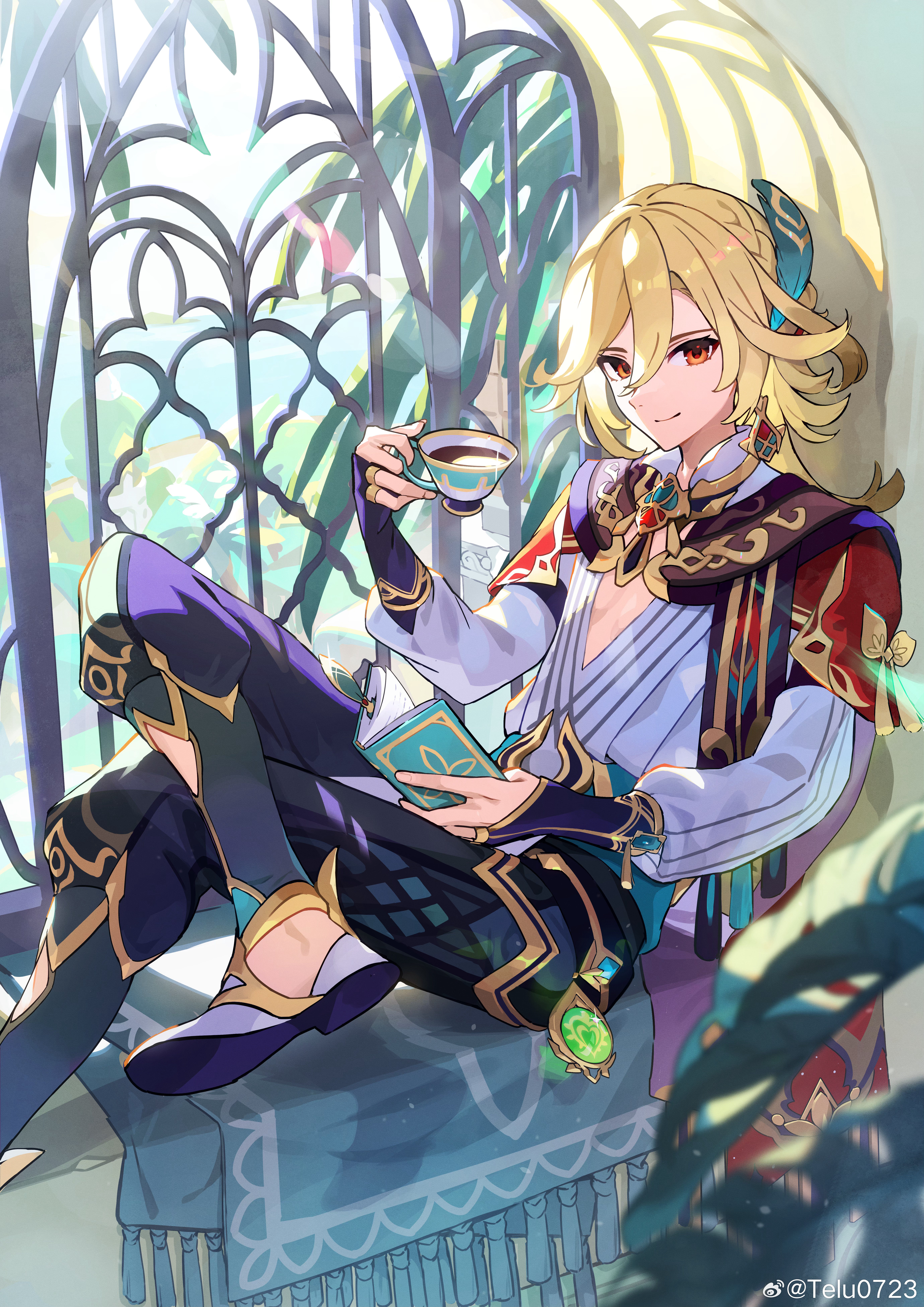 teru2307, kaveh (genshin impact), genshin impact, absurdres, chinese commentary, commentary request, highres, 1boy, black gloves, black pants, blonde hair, blue sash, blurry, book, cape, closed mouth, crossed legs, cup, day, dendro symbol (genshin impact), depth of field, drink, earrings, feather hair ornament, feathers, foot out of frame, gloves, hair between eyes, hair ornament, hand up, holding, holding book, holding cup, indoors, jewelry, leaf, light particles, long sleeves, looking at viewer, male focus, medium hair, open book, pants, partially fingerless gloves, puffy long sleeves, puffy sleeves, red cape, red eyes, sash, shirt, shoes, sitting, sitting in window, smile, solo, sunlight, teacup, tree, v-neck, vision (genshin impact), watermark, weibo watermark, white shirt, white shoes, window, windowsill