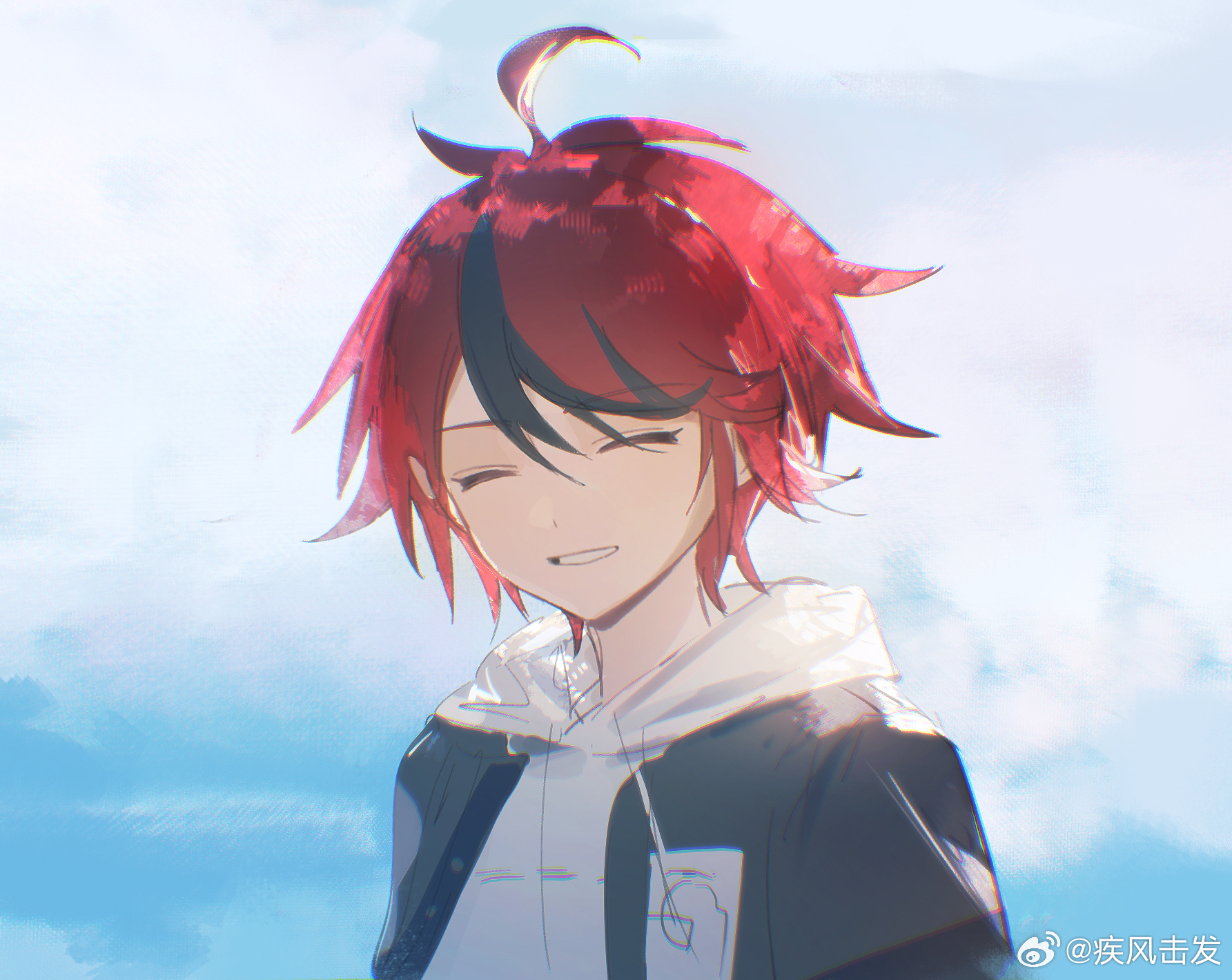 sumino takumi, the hundred line -last defense academy-, chinese commentary, commentary request, highres, 1boy, ahoge, black hair, black jacket, blue sky, closed eyes, drawstring, facing viewer, hair between eyes, hood, hood down, hoodie, jacket, jacket over hoodie, jifeng jifa, male focus, multicolored hair, open clothes, open jacket, portrait, red hair, scene reference, short hair, sky, smile, solo, streaked hair, two-tone hair, watermark, weibo watermark, white hoodie