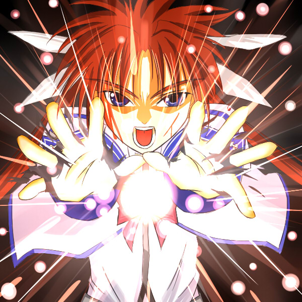 setsugekka (ja nach), takamachi nanoha, lyrical nanoha, mahou shoujo lyrical nanoha, 00s, 1girl, blood, bow, brown hair, energy ball, female focus, fingerless gloves, gloves, looking at viewer, magic, magical girl, open mouth, purple eyes, red bow, red hair, solo, teeth, torn clothes, torn gloves, twintails, white devil