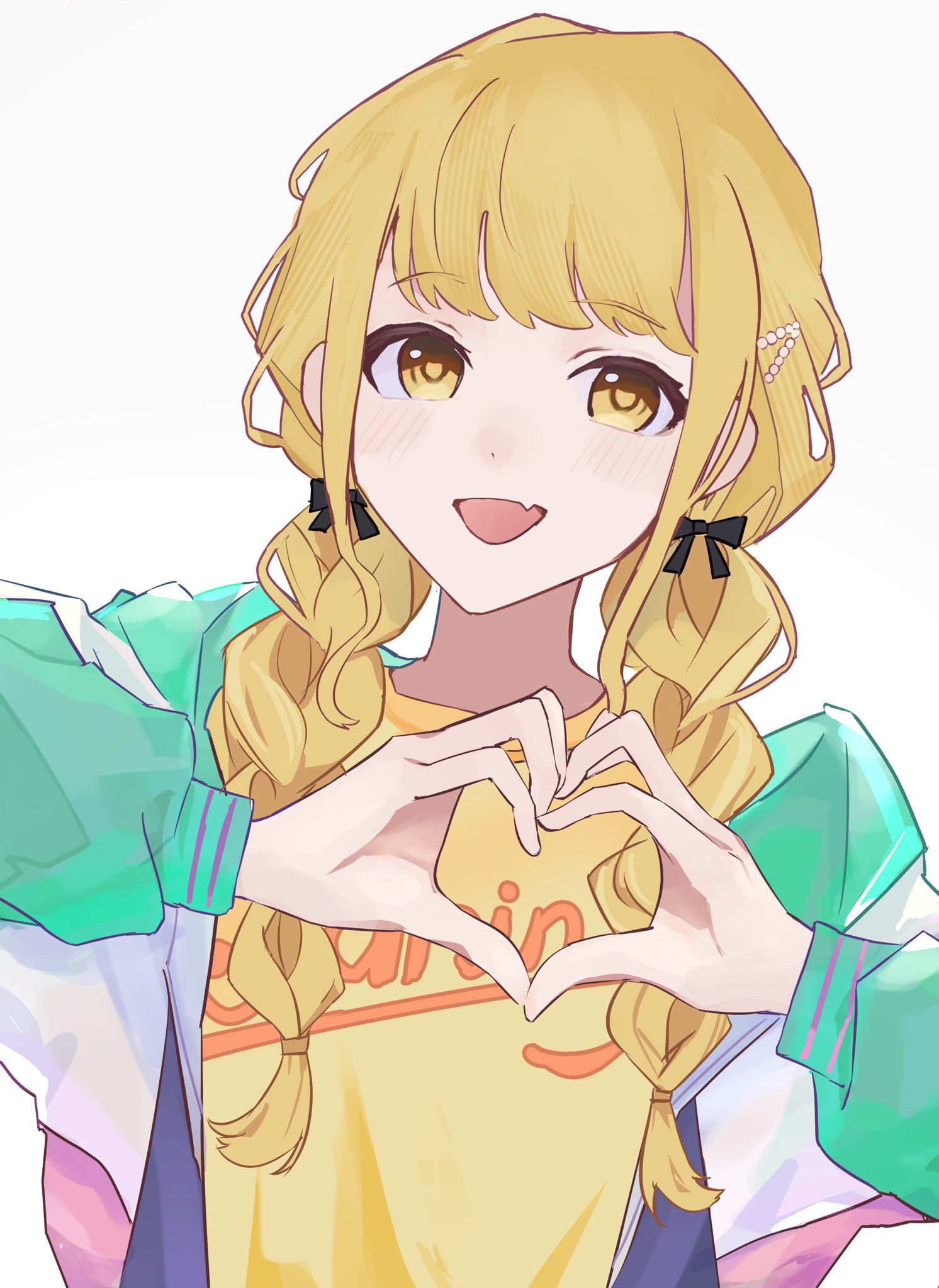 hz paris, fujita kotone, gakuen idolmaster, idolmaster, commentary request, highres, 1girl, black ribbon, blonde hair, blush, braid, clothes writing, fang, green jacket, hair ornament, hair ribbon, hair tie, hairclip, hands up, heart, heart hands, jacket, long hair, looking at viewer, low twin braids, multicolored jacket, open clothes, open jacket, open mouth, purple jacket, ribbon, shirt, simple background, skin fang, solo, twin braids, twintails, upper body, white background, white jacket, yellow eyes, yellow shirt