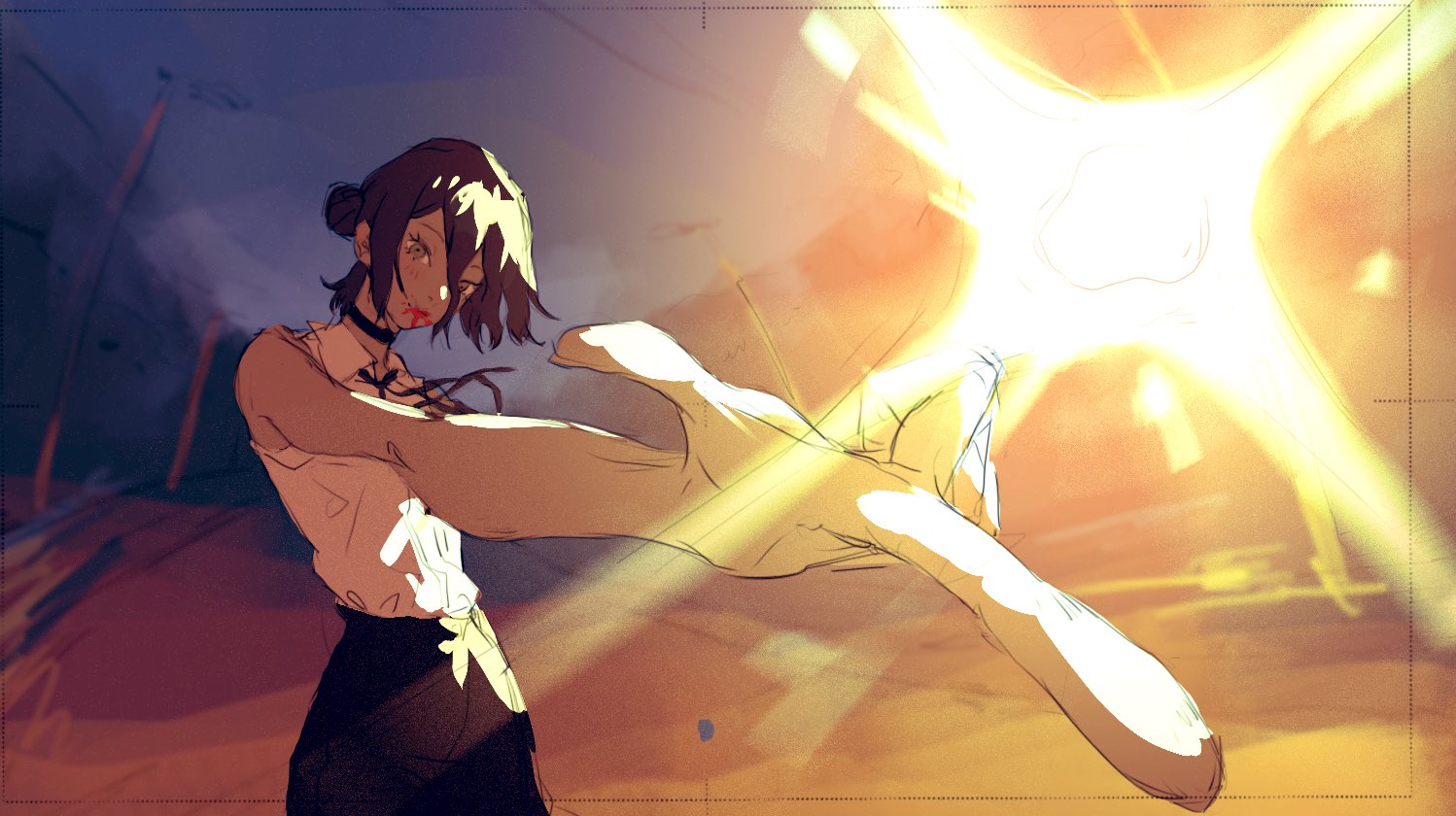 reze (chainsaw man), chainsaw man, unfinished, 0mou art, 1girl, black hair, black shorts, blood, blood on face, collared shirt, grey eyes, imminent explosion, night, outdoors, outstretched arm, shirt, shorts, sleeveless, sleeveless shirt, solo, white shirt