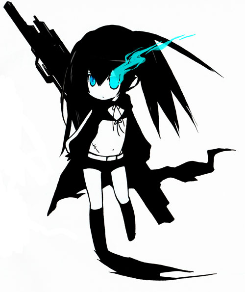 kaeru, nanami (fuku), black rock shooter (character), black rock shooter, 10s, 1girl, black hair, blue eyes, chibi, female focus, full body, midriff, monochrome, navel, scar, simple background, solo, spot color, twintails