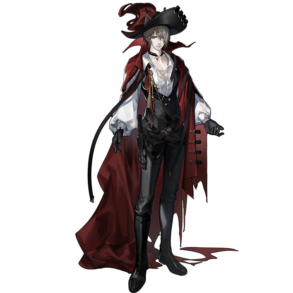 skade, phantom (arknights), phantom (focus) (arknights), arknights, official art, third-party source, 1boy, animal ears, black pants, brown hair, cape, cat boy, cat ears, cat tail, full body, hair over one eye, looking at viewer, male focus, material growth, oripathy lesion (arknights), pants, partially open shirt, red cape, short hair, simple background, solo, standing, tachi-e, tail, transparent background, yellow eyes