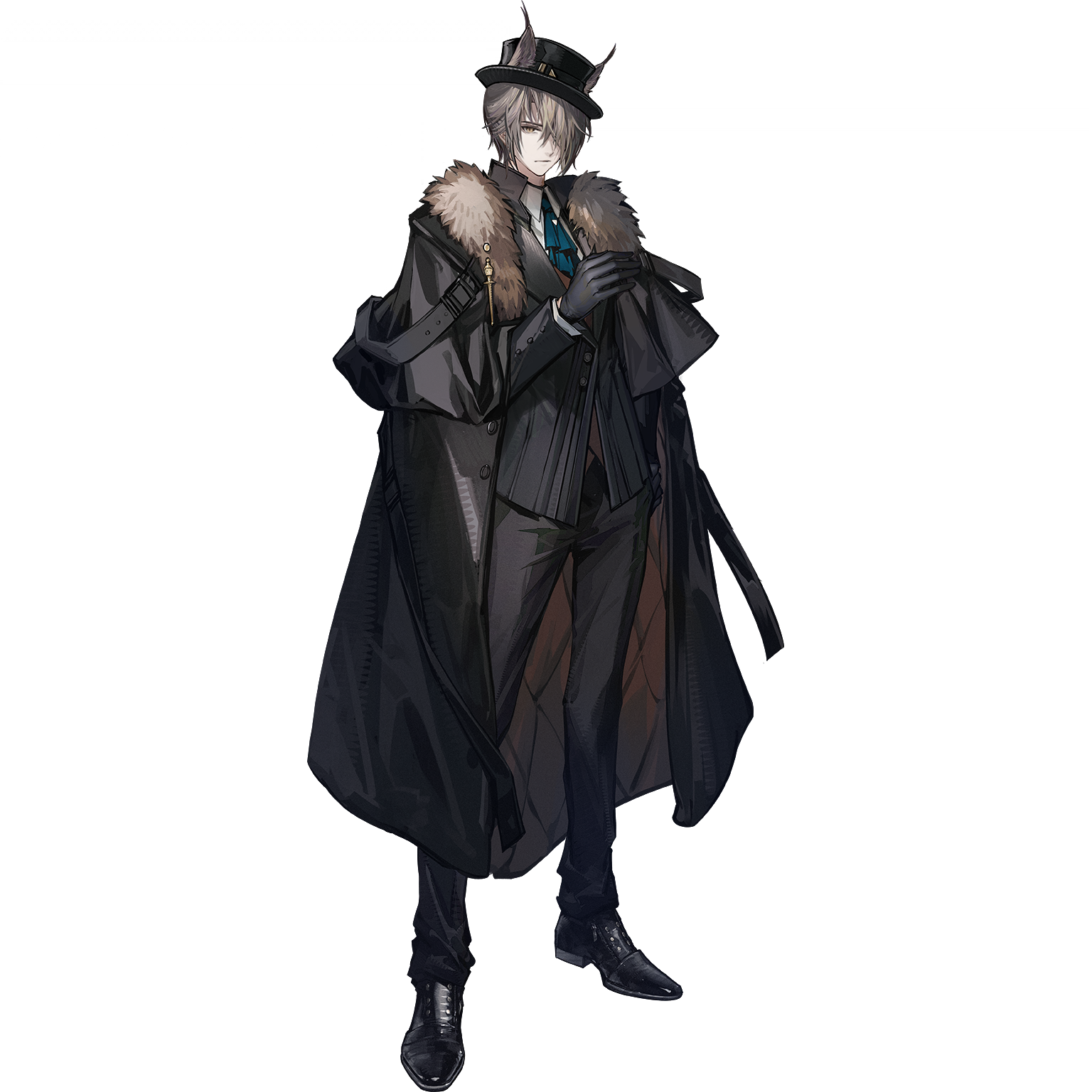 skade, phantom (arknights), arknights, highres, official art, third-party source, 1boy, animal ears, black pants, black suit, black theme, brown hair, cat boy, cat ears, cat tail, formal clothes, full body, hair over one eye, looking at viewer, male focus, one eye covered, pants, short hair, simple background, solo, standing, suit, tachi-e, tail, transparent background, yellow eyes