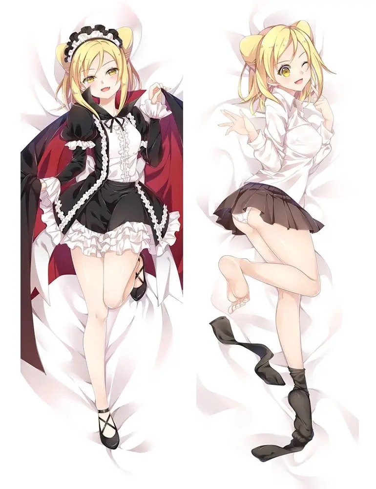 takanashi hikari, demi-chan wa kataritai, artist request, source request, 1girl, ass, barefoot, bed, blonde hair, dakimakura (medium), dress, fangs, feet, hair ornament, looking at viewer, nails, panties, shirt, skirt, socks, soles, solo, toenails, toes, underwear, unworn socks, upskirt, vampire, vampire costume, white shirt, yellow eyes