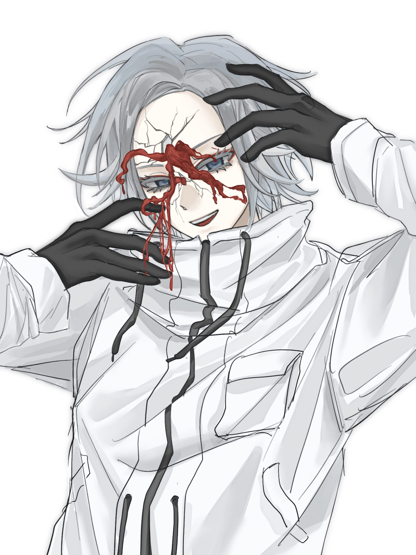 aotsuki eito, the hundred line -last defense academy-, highres, variant set, 1boy, black gloves, body horror, breast pocket, clcz74206, cracked skin, eyelashes, eyeliner, flesh, gloves, grey eyes, grey hair, hands up, jacket, looking at viewer, makeup, male focus, pocket, red eyeliner, short hair, simple background, smile, solo, upper body, white background, white jacket