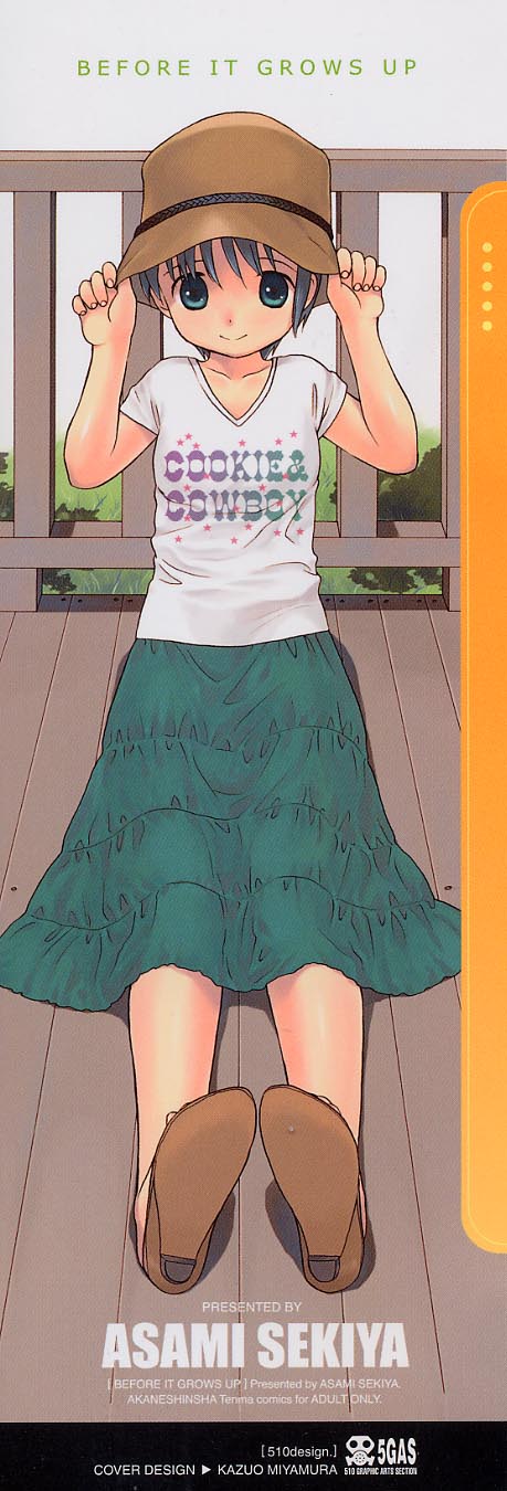 sekiya asami, highres, 1girl, female focus, hands on headwear, hat, sandals, short hair, sitting, skirt, solo