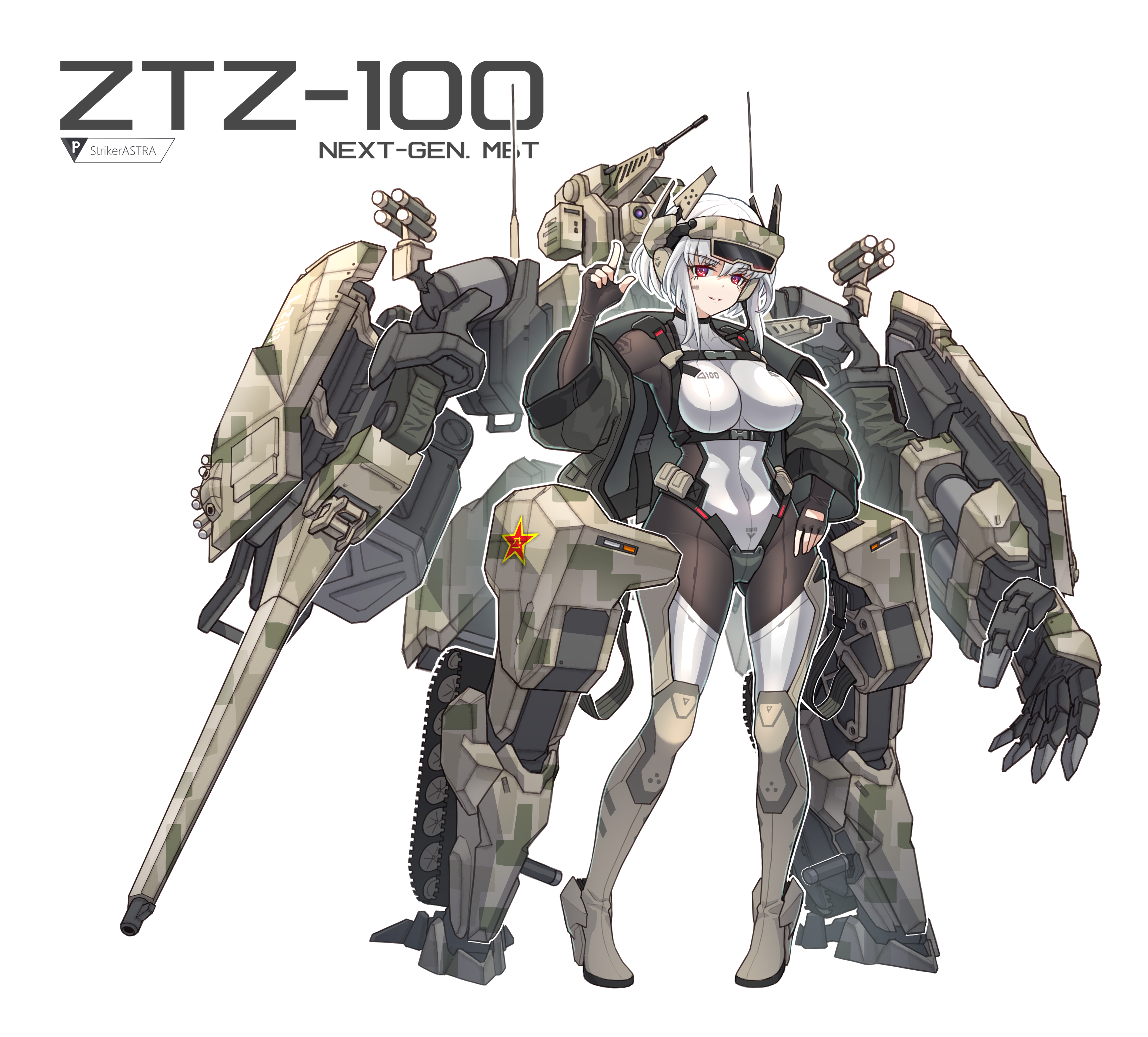 sherman (egnk2525), original, absurdres, highres, 1girl, barcode, barcode tattoo, bodysuit, boots, breasts, brown bodysuit, camouflage, cheek tattoo, english text, fingerless gloves, gloves, headset, high heel boots, high heels, large breasts, long bangs, mecha musume, mechanical arms, multicolored bodysuit, personification, pointing, pointing up, red eyes, short hair, smile, smoke grenade launcher, tank gun, tattoo, white bodysuit, white hair, ztz-100, ztz-100 (personification)
