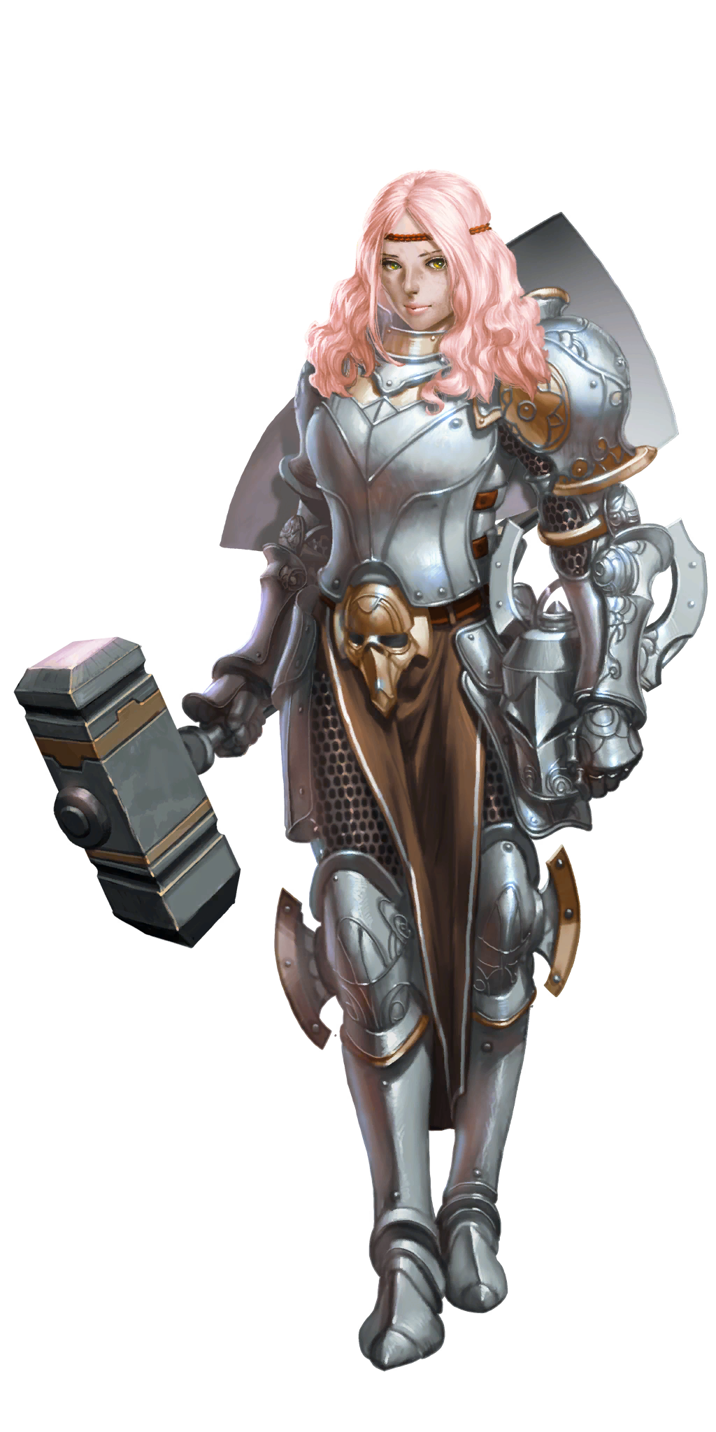 crystal maiden (series), artist request, bad source, game cg, highres, official art, variant set, 1girl, armor, breasts, chainmail, closed mouth, eli (crystal maidens), full body, hammer, holding, holding hammer, holding weapon, knight, pink hair, shield, shield on back, solo, transparent background, weapon, yellow eyes