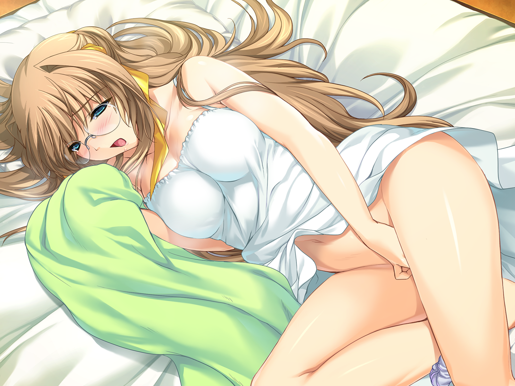 onigirikun, kouenji sayuka, choukou (alicesoft), choukou tenshi escalayer, game cg, non-web source, official art, variant set, 1girl, barefoot, bed, blue eyes, blush, bottomless, breasts, brown hair, clothes lift, collarbone, dress, dress lift, female masturbation, fingering, glasses, hair intakes, hair ribbon, large breasts, long hair, lying, masturbation, navel, on side, open mouth, panties, panties around leg, pillow, purple panties, ribbon, rimless eyewear, smelling, smelling clothes, solo, underwear, very long hair, white dress, yellow ribbon