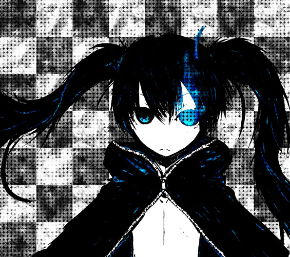 2215, 221 (tsutsuichi), black rock shooter (character), hatsune miku, black rock shooter, vocaloid, 10s, 1girl, black hair, blue eyes, female focus, long hair, solo, twintails