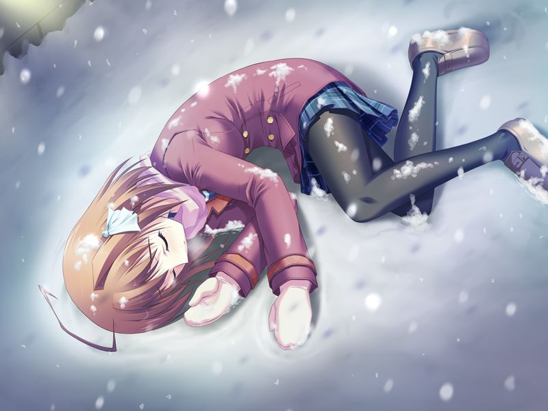 minazuki haruka, kakizaki mashiro, mashiro botan, mashirobotan shokai han, game cg, 1girl, ahoge, closed eyes, female focus, gloves, lying, pantyhose, school uniform, serafuku, sleeping, snow, solo, unconscious