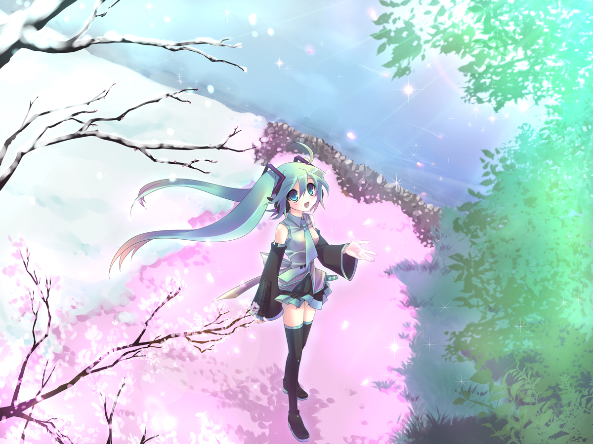 tahya, hatsune miku, vocaloid, bad id, bad pixiv id, detached sleeves, green hair, long hair, petals, skirt, solo, thighhighs, tree, twintails