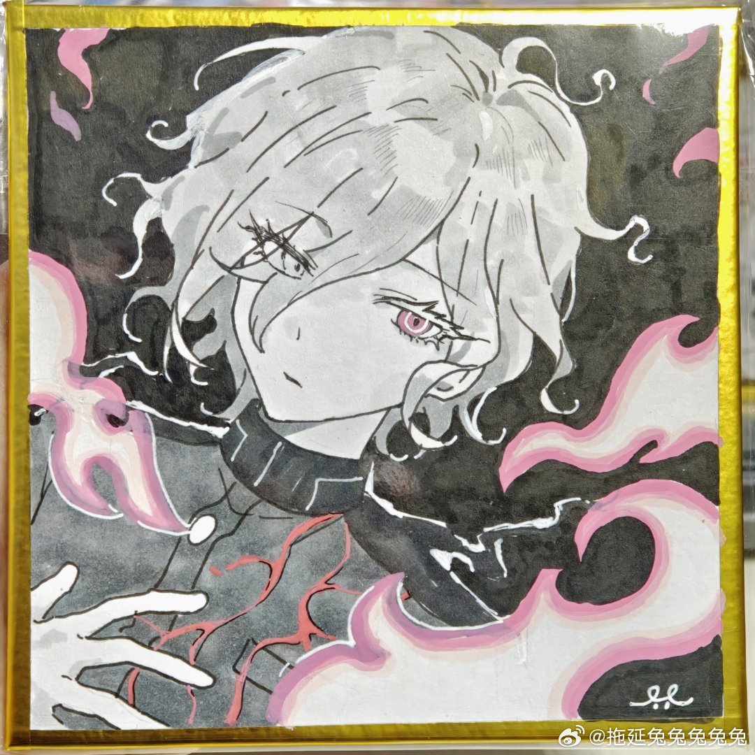 shion (hundred line), the hundred line -last defense academy-, chinese commentary, commentary request, marker (medium), traditional media, 1boy, black background, black jacket, buttons, closed mouth, colored eyelashes, colored skin, dutch angle, expressionless, eyelashes, eyes visible through hair, fire, gold border, grey hair, hair over one eye, hand on own chest, jacket, male focus, pink eyes, pink fire, shikishi, solo, tuoyan tututututu, upper body, watermark, weibo watermark, white skin