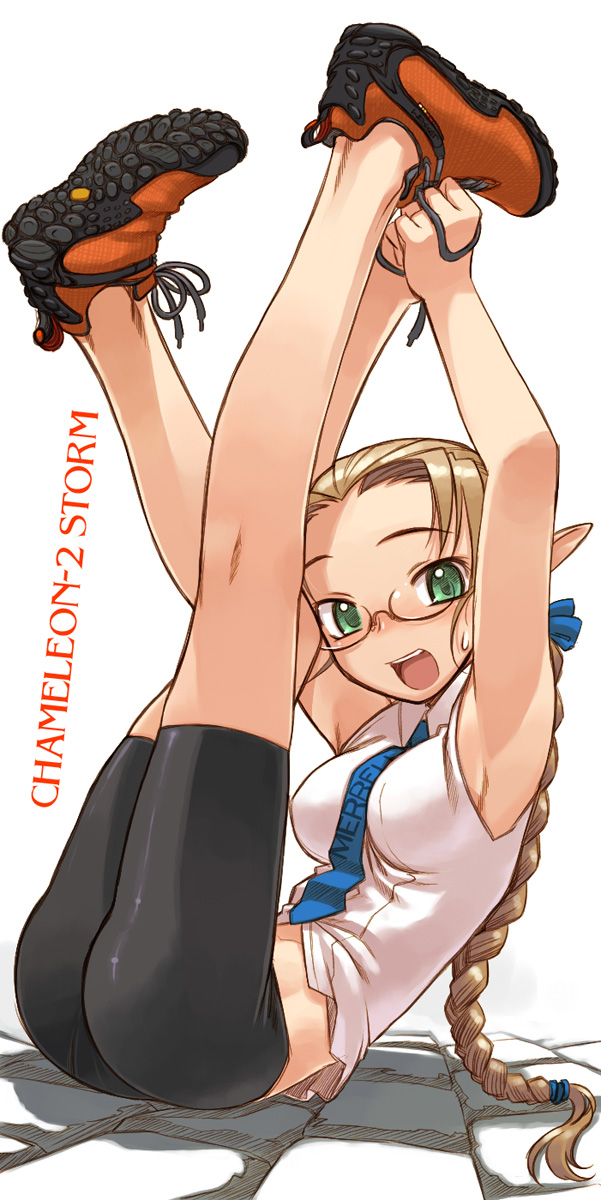 nakamura tetsuya, mutsumi golem bibliophile, original, bad id, bad pixiv id, highres, 1girl, armpits, ass, bike shorts, braid, breasts, brown hair, female focus, glasses, green eyes, legs together, legs up, long hair, necktie, no socks, outdoors, pointy ears, shoes, small breasts, sneakers, solo, sweatdrop