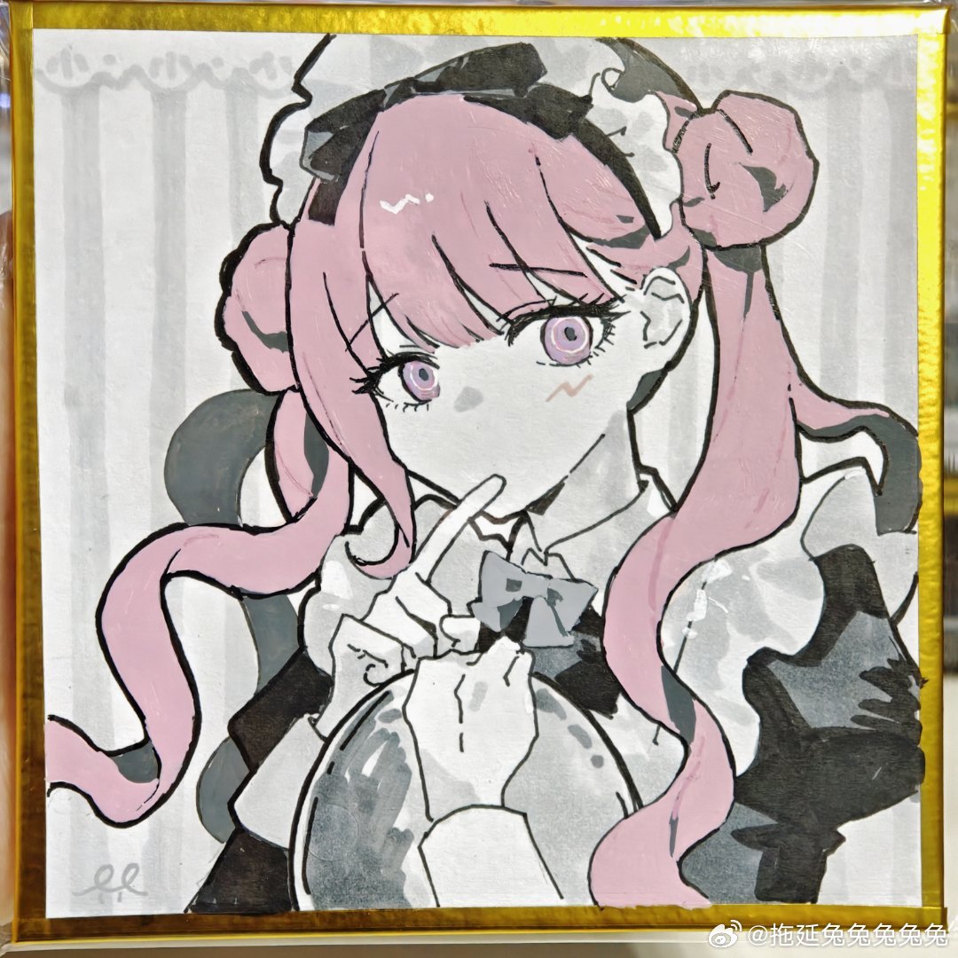 tsukumo kako, the hundred line -last defense academy-, chinese commentary, commentary request, marker (medium), traditional media, 1girl, apron, black shirt, bow, bowtie, colored skin, double bun, eyelashes, finger to mouth, gold border, grey bow, grey bowtie, hair bun, holding, holding plate, long hair, long sleeves, maid, maid headdress, official alternate costume, pink eyes, pink hair, plate, shikishi, shirt, solo, striped background, tuoyan tututututu, twintails, upper body, watermark, weibo watermark, white apron, white background, white skin
