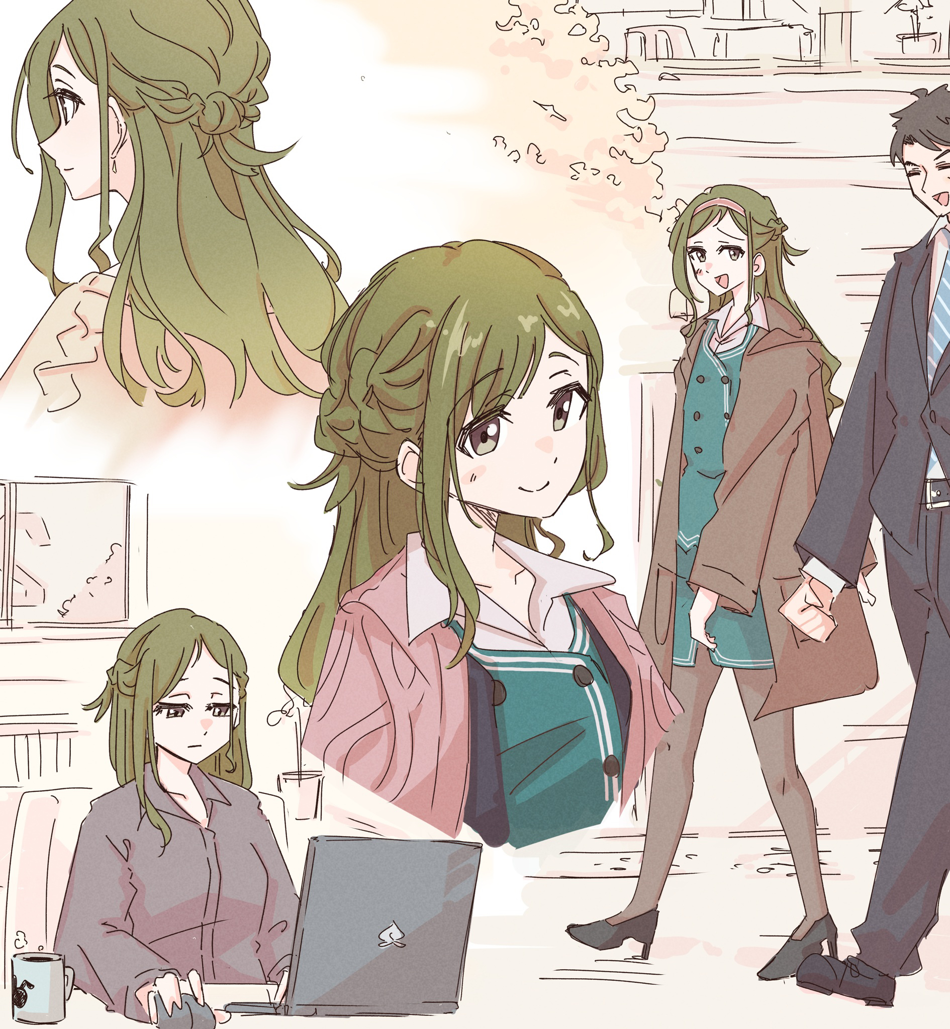 nasu danshaku, nanakusa hazuki, producer (idolmaster), idolmaster, idolmaster shiny colors, commentary request, highres, 1boy, 1girl, ^ ^, black hair, black shoes, black suit, blush, braid, brown coat, closed eyes, coat, coffee, computer, cup, formal clothes, green hair, green skirt, green vest, grey pantyhose, half up braid, high heels, laptop, long hair, mug, multiple views, office lady, pantyhose, shoes, skirt, smile, suit, vest, walking