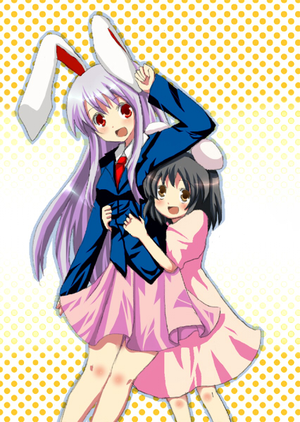 asano tomoya, inaba tewi, reisen udongein inaba, touhou, 2girls, animal ears, black hair, dress, female focus, gradient background, halftone, halftone background, long hair, multiple girls, purple hair, rabbit ears, short hair, skirt, white background
