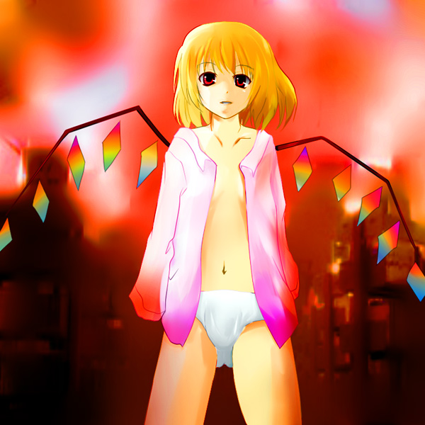 vallerg, flandre scarlet, touhou, bad id, bad pixiv id, 1girl, blonde hair, blouse, collared shirt, female focus, nude, open clothes, open shirt, panties, shirt, short hair, solo, underwear, white shirt, wings