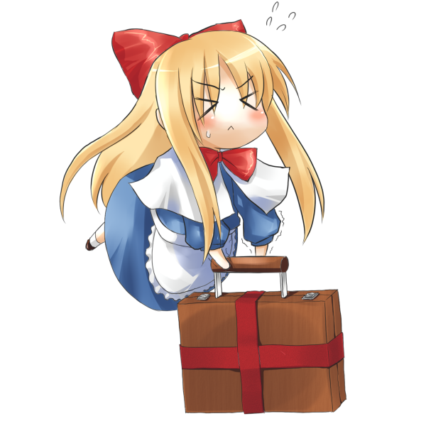 hiraga matsuri, hirasato, shanghai doll, touhou, > <, 1girl, :<, blonde hair, book, closed eyes, doll, female focus, full body, long hair, ribbon, simple background, solo, suitcase, trembling