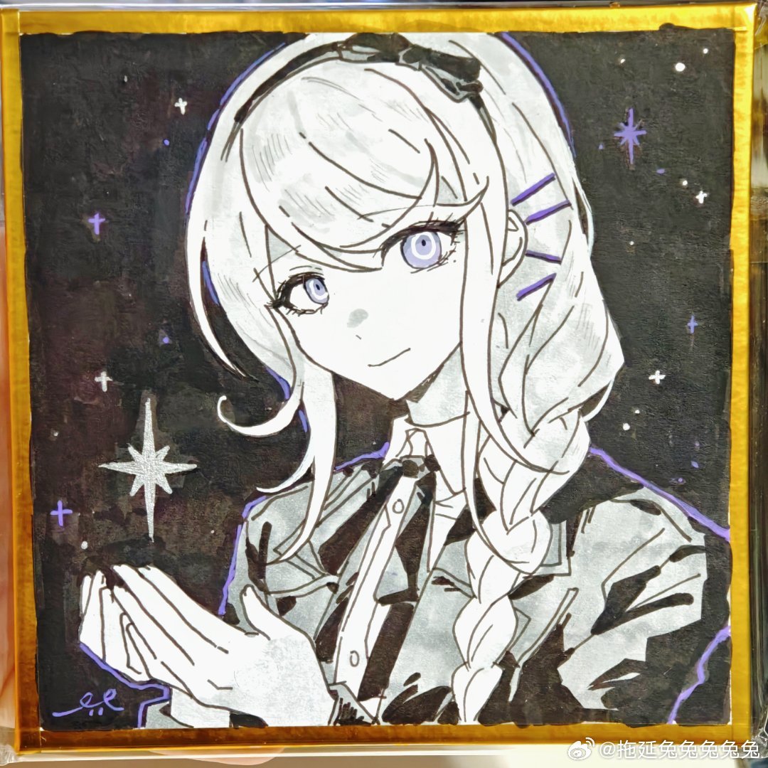kirifuji nozomi, the hundred line -last defense academy-, chinese commentary, commentary request, marker (medium), traditional media, 1girl, black background, black bow, black hairband, black jacket, black ribbon, bow, braid, closed mouth, collared shirt, colored skin, cupping hands, gold border, hair ornament, hairband, hairclip, jacket, lapels, logo, mole, mole under eye, neck ribbon, notched lapels, open clothes, open jacket, own hands together, purple eyes, ribbon, shikishi, shirt, side braid, single braid, smile, solo, star (sky), tuoyan tututututu, upper body, watermark, weibo watermark, white hair, white skin, wing collar