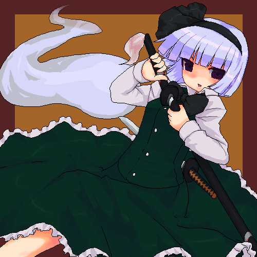 ktsecond, konpaku youmu, konpaku youmu (ghost), touhou, bad id, bad pixiv id, lowres, 1girl, female focus, hairband, hitodama, katana, oekaki, ribbon, school uniform, serafuku, sheath, short hair, solo, sword, unsheathing, weapon, white hair