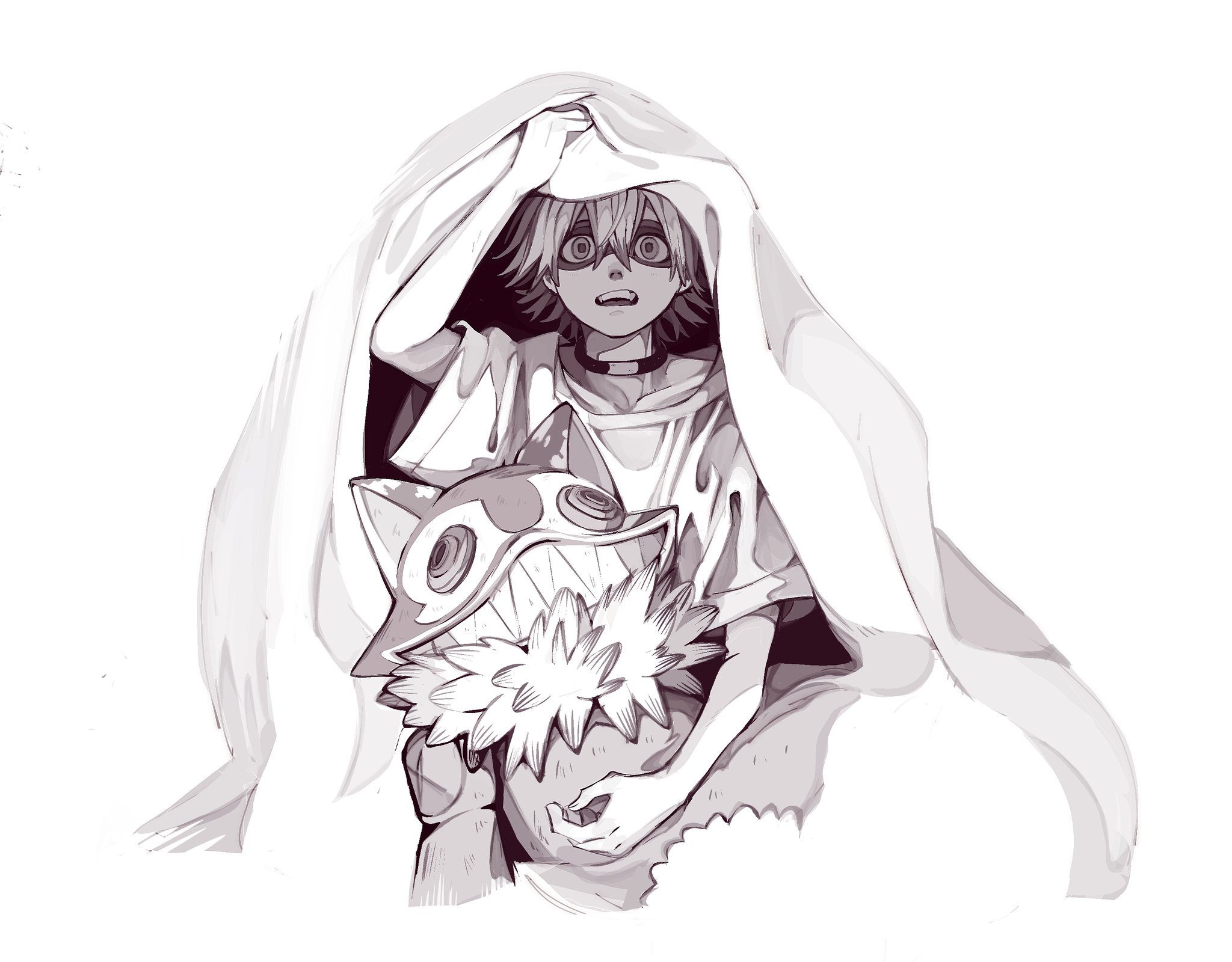 remonucha, gachiakuta, highres, 1boy, arm up, blanket, choker, fu orostor, greyscale, hair between eyes, looking at viewer, monochrome, open mouth, shirt, short sleeves, simple background, sitting, solo, t-shirt
