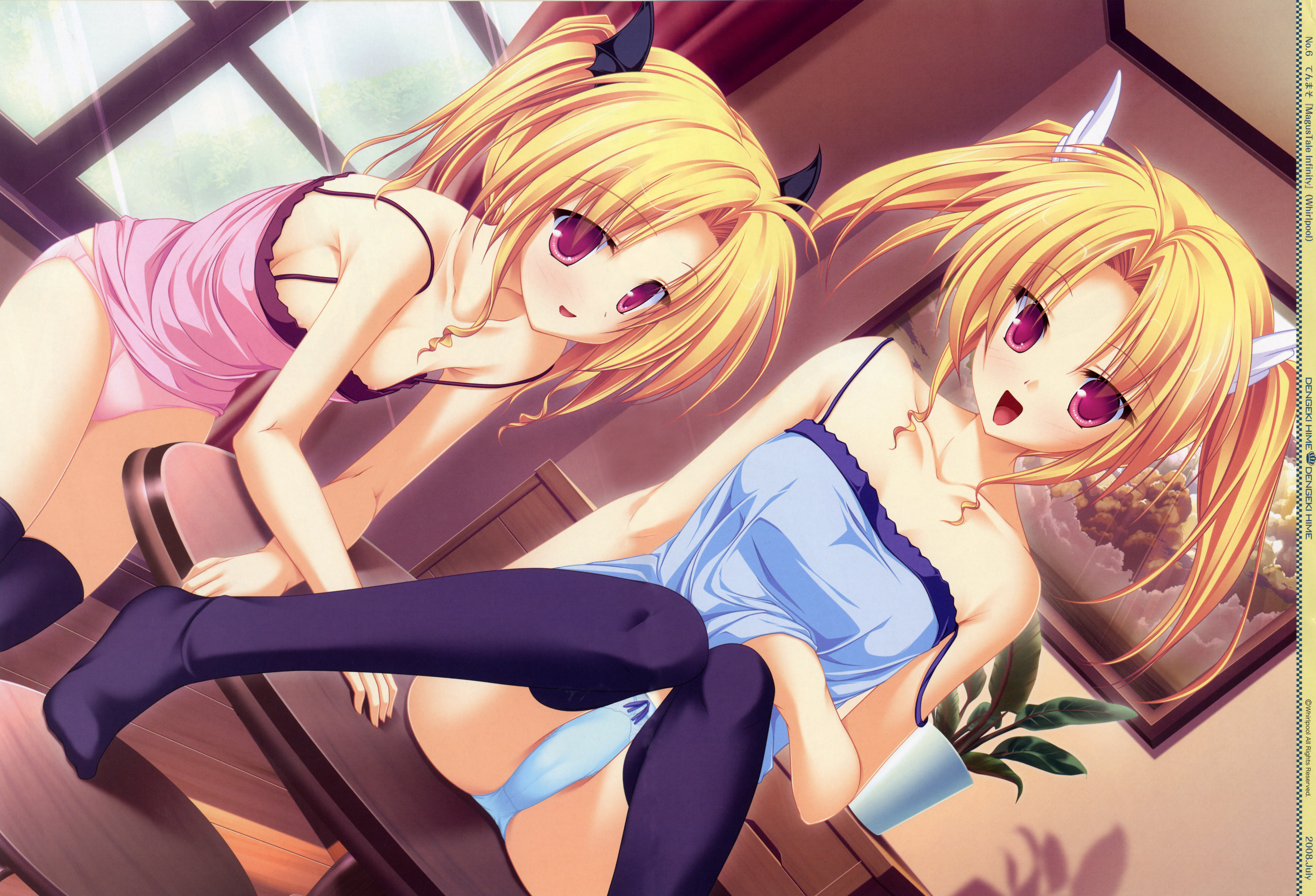 tenmaso, nina geminis, rena geminis, magus tale, framed, absurdres, highres, non-web source, scan, 2girls, blonde hair, blue panties, bow, bow panties, breasts, camisole, downblouse, dutch angle, flat chest, hair ornament, light rays, lingerie, magazine (object), multiple girls, panties, picture frame, pink panties, plant, potted plant, purple eyes, siblings, sideboob, sisters, sitting, smile, strap slip, sunbeam, sunlight, table, thighhighs, twins, twintails, underwear, underwear only, window