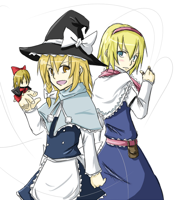 haruichi (sazanami complex), alice margatroid, kirisame marisa, touhou, 2girls, blonde hair, doll, female focus, hairband, hat, multiple girls, string, witch, witch hat