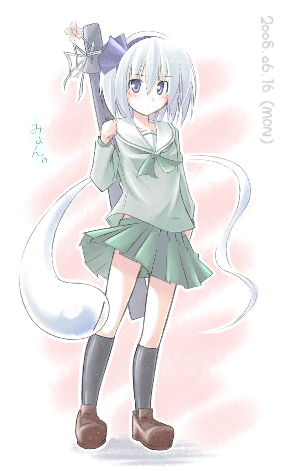 kibushi, konpaku youmu, konpaku youmu (ghost), touhou, highres, 1girl, alternate costume, blue eyes, female focus, hairband, hitodama, school uniform, serafuku, short hair, solo, white hair