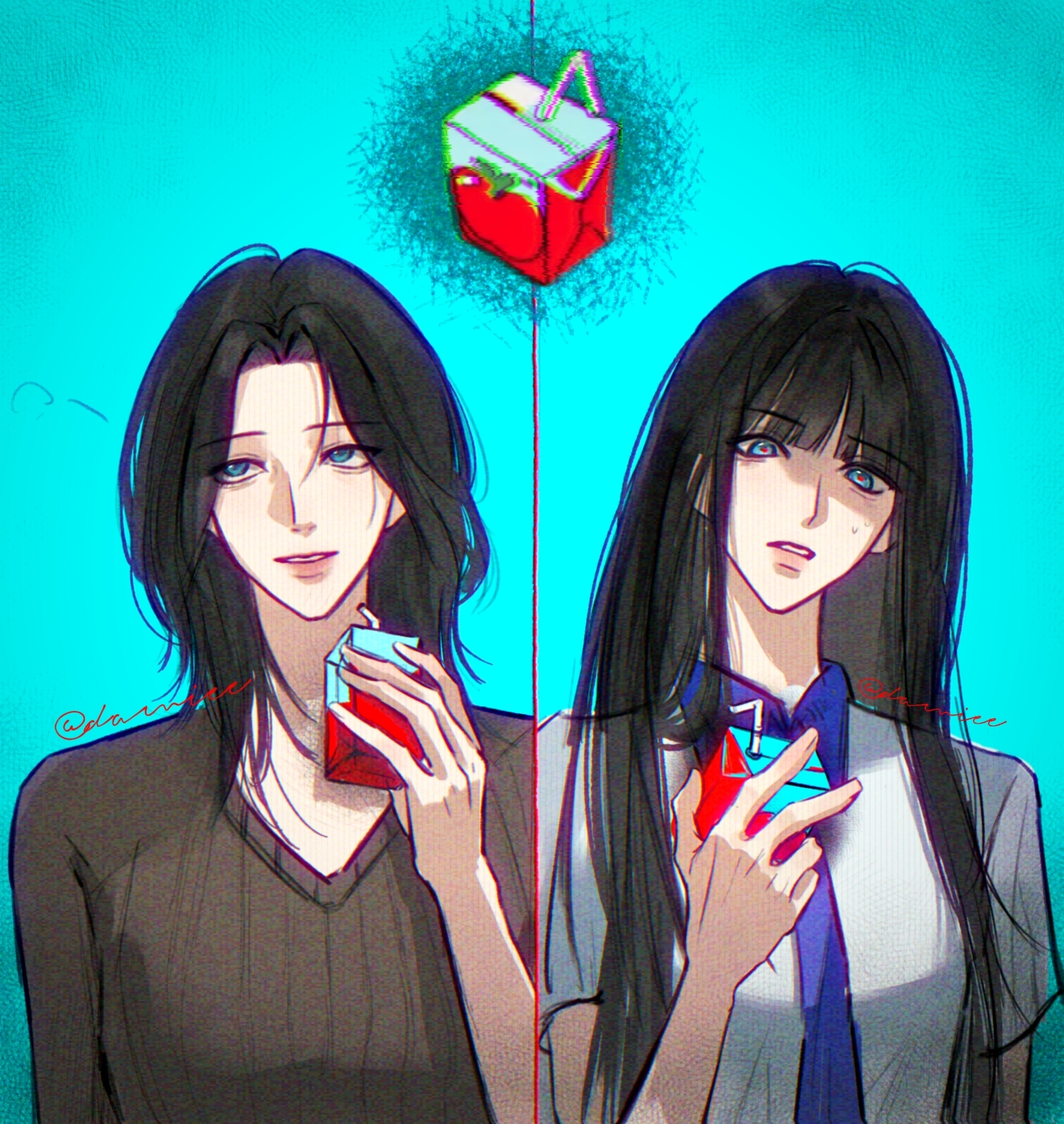 gil somyung, somyung's mother (like mother like daughter), like mother like daughter, commentary, highres, 2girls, aqua background, black hair, blue eyes, blue necktie, brown sweater, collared shirt, damiee, drinking straw, holding juice box, juice box, long hair, mother and daughter, multiple girls, necktie, parted lips, red pupils, shirt, signature, sweater