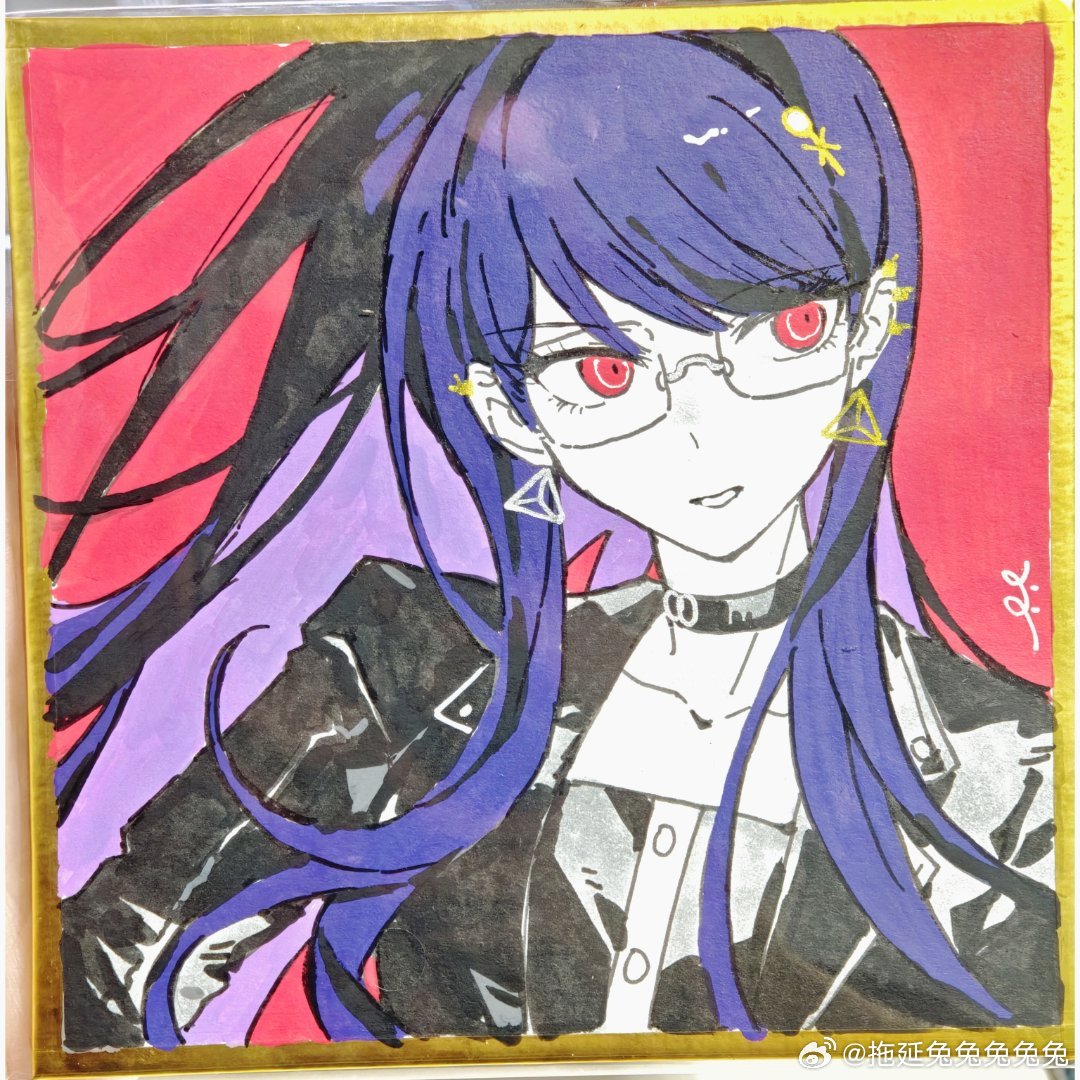 shizuhara hiruko, the hundred line -last defense academy-, chinese commentary, commentary request, marker (medium), traditional media, 1girl, black choker, black jacket, black shirt, choker, collarbone, colored skin, earrings, eyelashes, glasses, gold border, hair ornament, jacket, jewelry, long hair, open clothes, open jacket, purple hair, rectangular eyewear, red background, red eyes, shikishi, shirt, simple background, solo, tuoyan tututututu, upper body, watermark, weibo watermark, white skin