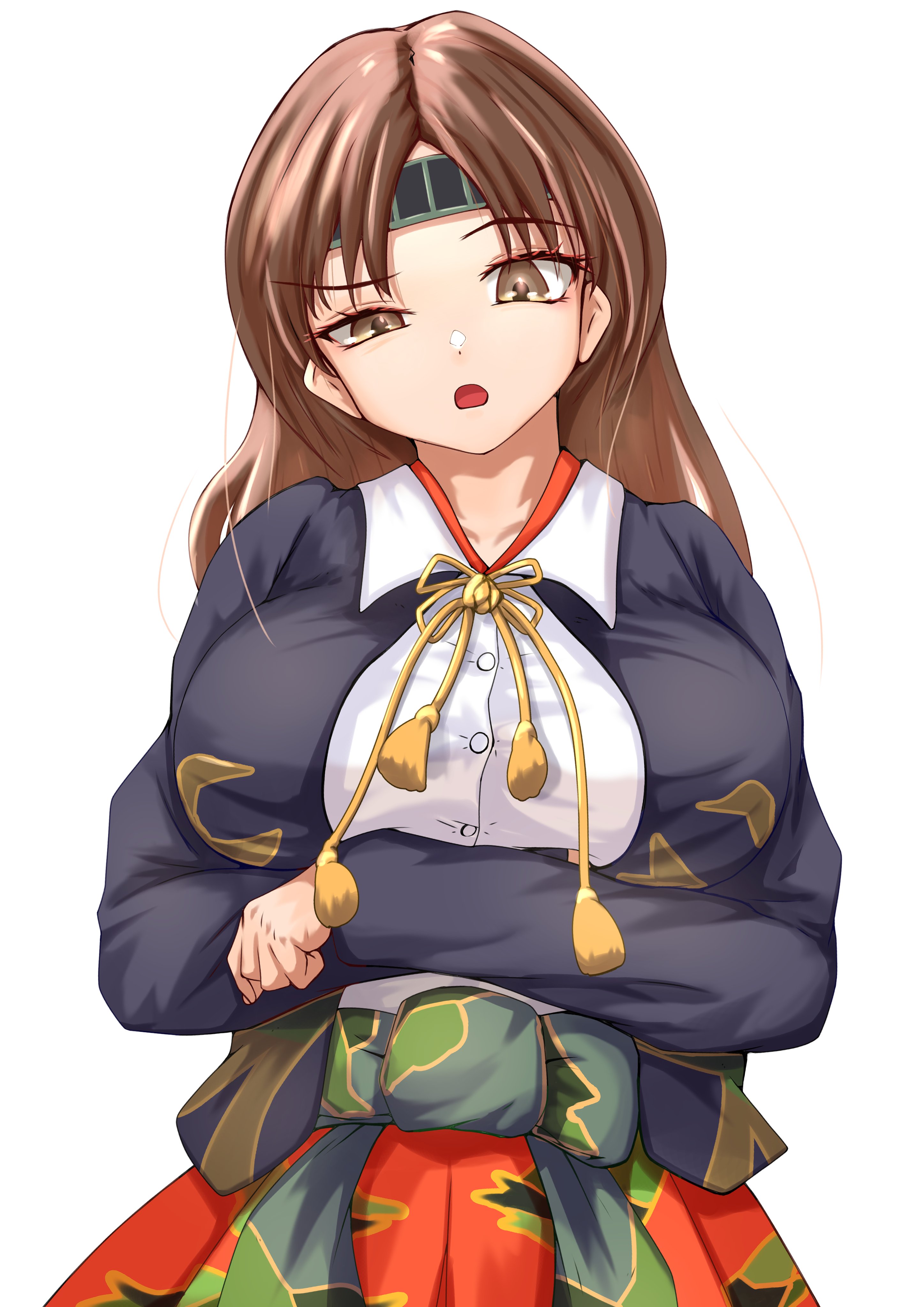 tastas, chiyoda (kancolle), chiyoda kai ni (kancolle), kantai collection, absurdres, highres, breasts, brown hair, camouflage, camouflage skirt, crossed arms, hair ornament, hair ribbon, hakama, hakama skirt, headband, jacket, japanese clothes, large breasts, long hair, long sleeves, looking at viewer, ponytail, red hakama, ribbon, short hair, skirt, white background