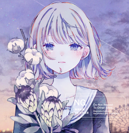 original, 1girl, blue eyes, closed mouth, flower, holding, holding flower, looking at viewer, outdoors, sailor collar, school uniform, serafuku, signature, solo, straight-on, tokiori (toki ori10), upper body, watermark, white sailor collar