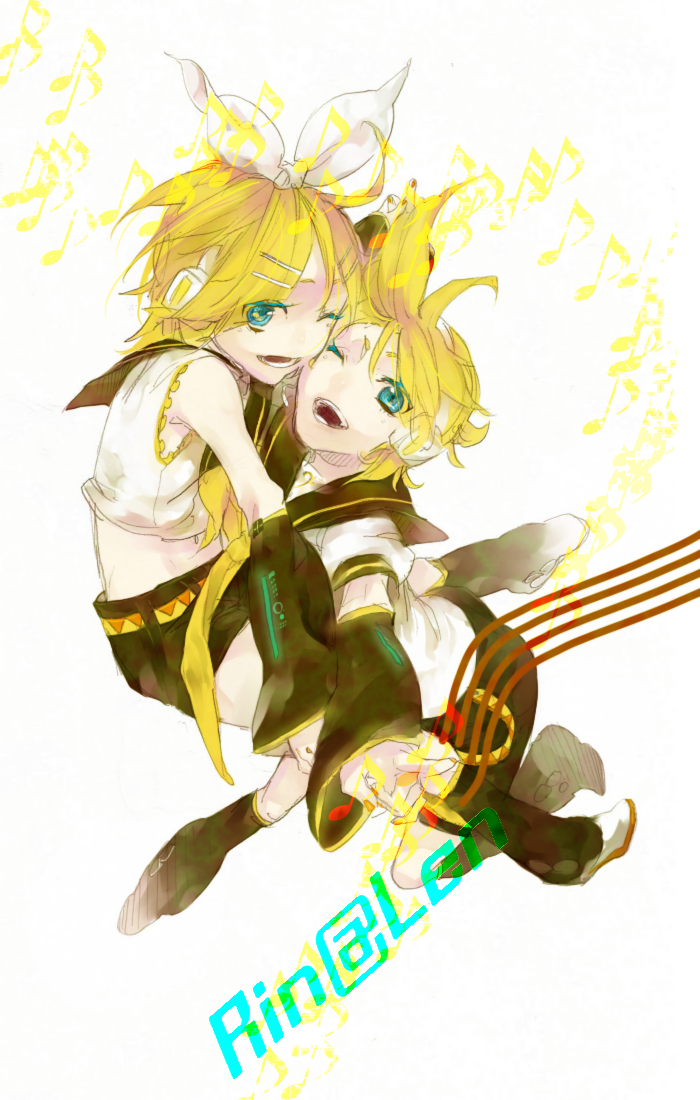hiro (pixiv32951), rururara, hiro (hidamari sketch), kagamine len, kagamine rin, vocaloid, bad id, bad pixiv id, 1boy, 1girl, blonde hair, brother and sister, green eyes, siblings, twins, twintails