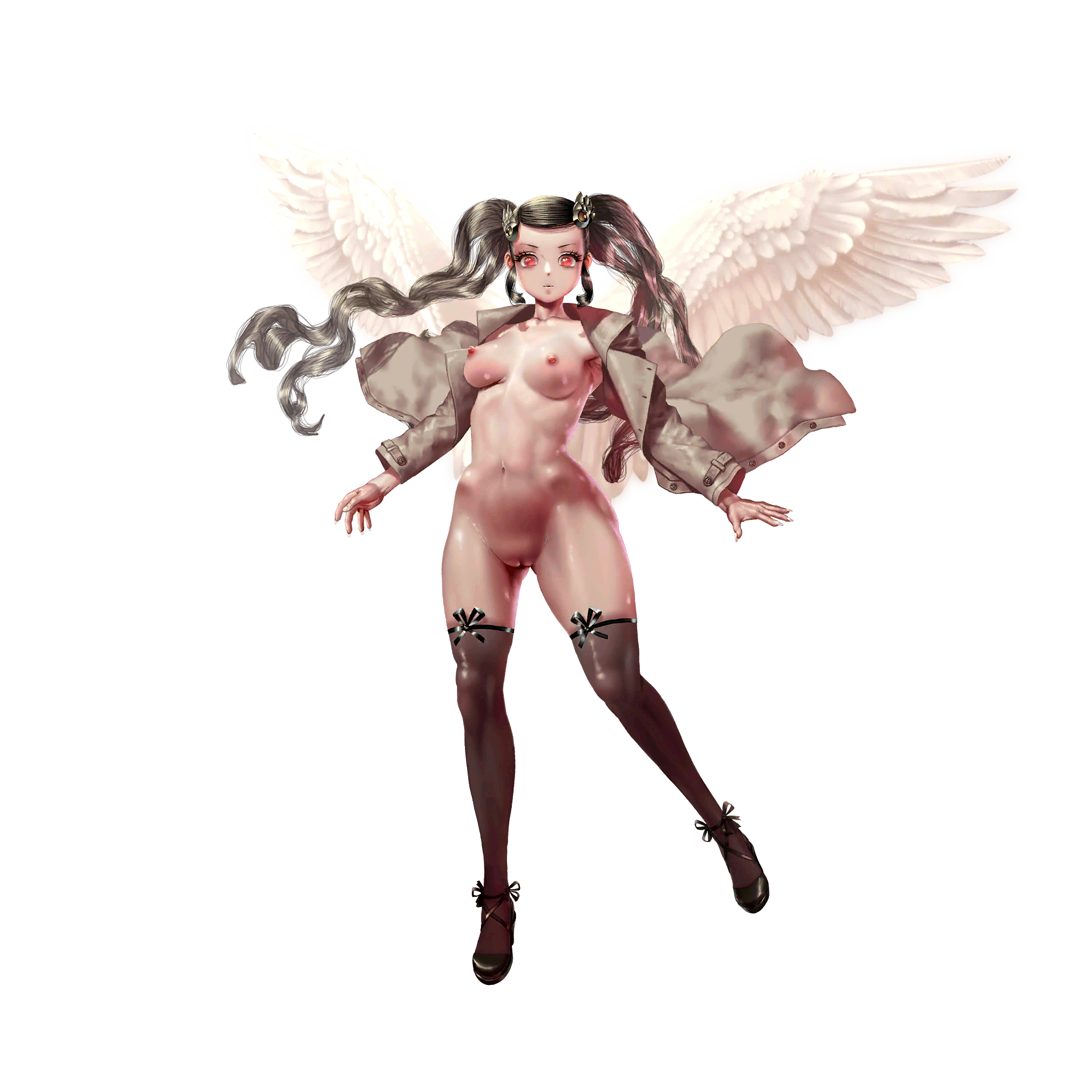 crystal maiden (series), artist request, game cg, highres, official art, variant set, 1girl, armpits, black shoes, breasts, brown hair, buttons, closed mouth, covered erect nipples, estel (crystal maidens), feathered wings, full body, jacket, long sleeves, looking at viewer, navel, nipples, nude, open clothes, open jacket, pink eyes, pussy, shoes, skirt, solo, transparent background, twintails, wings
