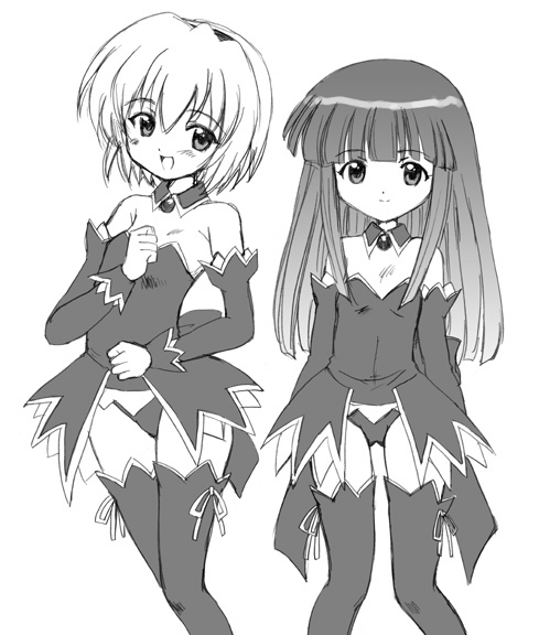 aoyama reo, furude rika, houjou satoko, higurashi no naku koro ni, 00s, 2girls, angel mort, bare shoulders, blush, choker, detached collar, detached sleeves, flat chest, greyscale, hairband, long hair, monochrome, multiple girls, panties, pantyshot, short hair, smile, thighhighs, underwear, waitress, zettai ryouiki