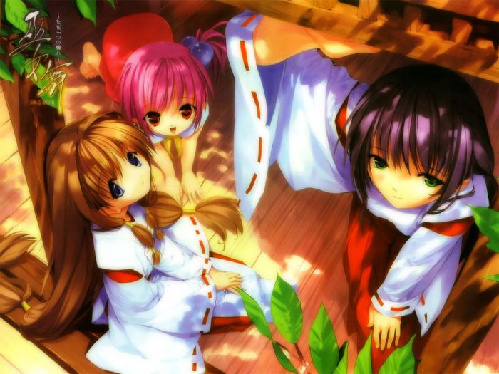 3girls, blue eyes, blush, brown hair, from above, green eyes, japanese clothes, miko, multiple girls, pink hair, purple hair, red eyes, smile