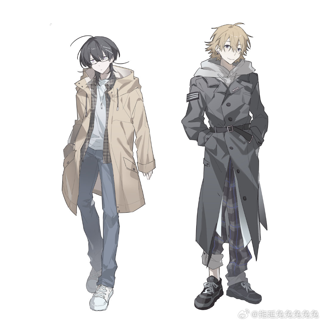 original, chinese commentary, commentary request, 2boys, ahoge, belt, black belt, black coat, black hair, black shoes, blonde hair, blue pants, brown coat, buttons, closed mouth, coat, earrings, expressionless, full body, grey hoodie, hair ornament, hairclip, hands in pockets, hood, hood down, hoodie, jewelry, lapels, male focus, multiple boys, notched lapels, open clothes, open coat, pants, pink eyes, plaid clothes, plaid pants, semi-rimless eyewear, shirt, shoes, short hair, simple background, smile, sneakers, trench coat, tuoyan tututututu, watermark, weibo watermark, white background, white shirt, white shoes
