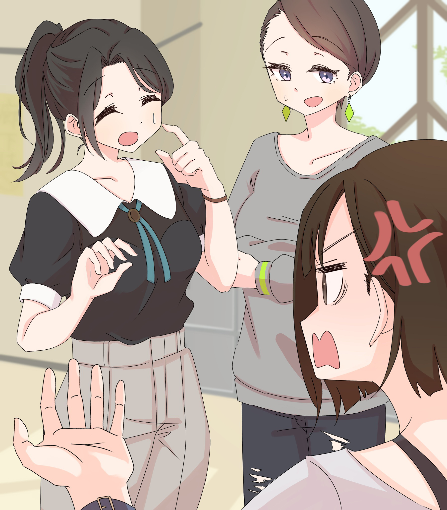 nasu danshaku, gakuen idolmaster, idolmaster, commentary, highres, 3girls, ^ ^, anger vein, asymmetrical bangs, black hair, black shirt, brown hair, closed eyes, collarbone, contrast collar, dance trainer (gakuen idolmaster), grey shirt, indoors, multiple girls, ponytail, puffy short sleeves, puffy sleeves, sailor collar, shirt, shirt tucked in, short sleeves, sweatdrop, visual trainer (gakuen idolmaster), voice trainer (gakuen idolmaster), white sailor collar