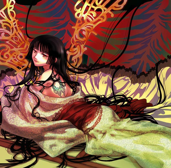 yasuhito (yasu no e), ichihara yuuko, xxxholic, 00s, bare shoulders, black hair, blunt bangs, hime cut, japanese clothes, kimono, long hair, red eyes, solo, tattoo