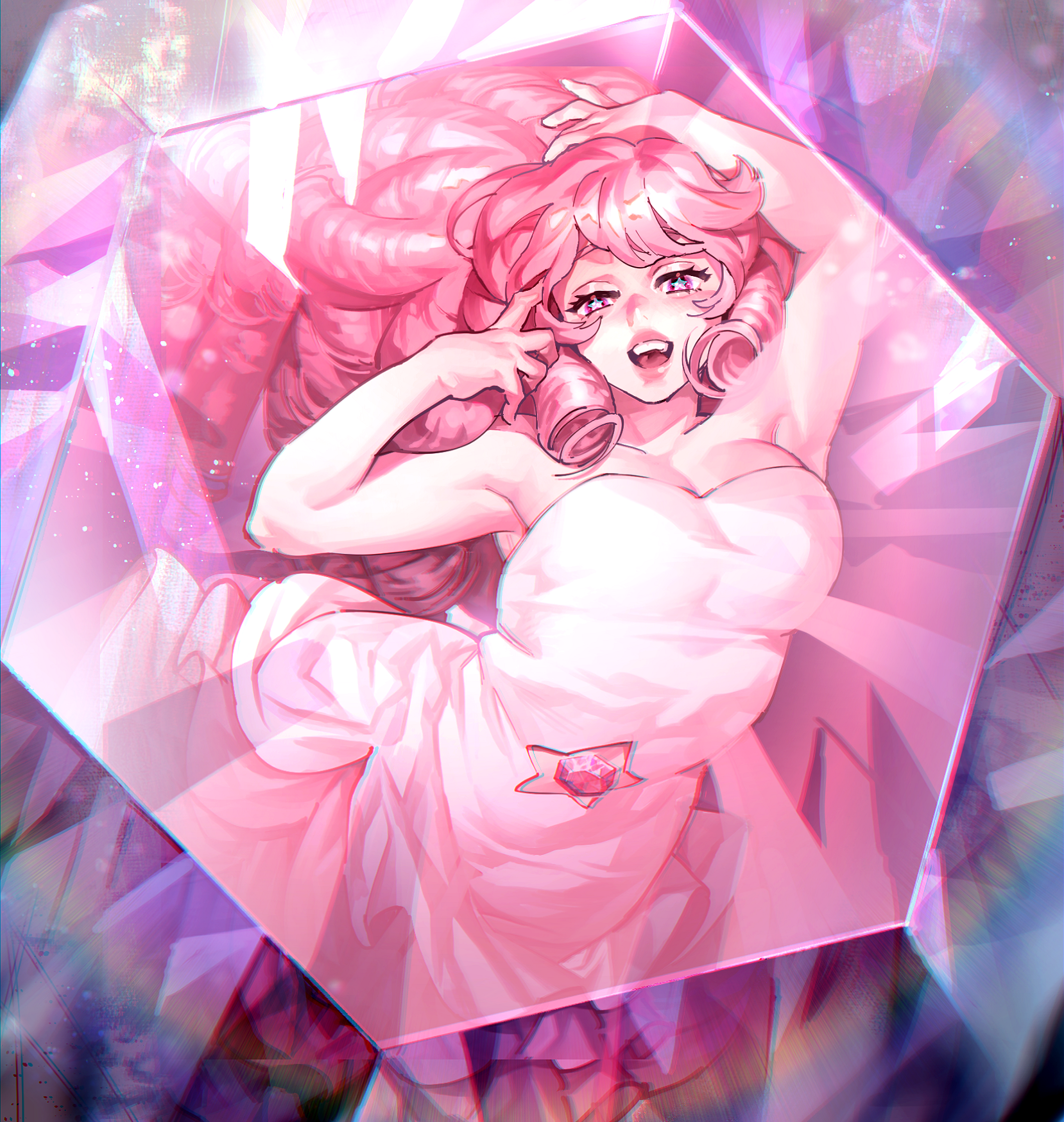 newponold, rose quartz universe, steven universe, highres, 1girl, breasts, cleavage, clothing cutout, curly hair, dress, gem, gem (steven universe), long hair, looking at viewer, pink hair, plump, rose quartz (species) (steven universe), smile, solo, star cutout, stomach jewel, very long hair, white dress