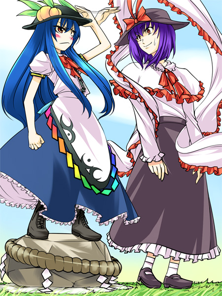 chado, hinanawi tenshi, nagae iku, touhou, 2girls, blue hair, female focus, food, fruit, hat, height difference, kaname-ishi, long hair, multiple girls, peach, purple hair, ribbon, rope, shide, shimenawa, short hair