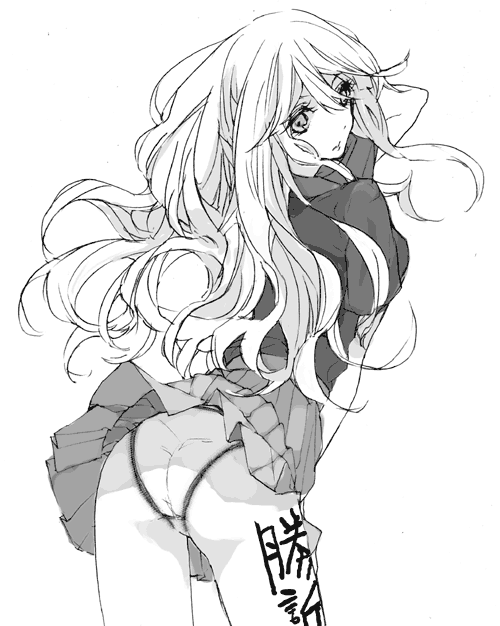 kimura kaere, sayonara zetsubou sensei, 00s, clothes lift, dress, dress lift, greyscale, long hair, monochrome, panties, solo, underwear, wind, wind lift