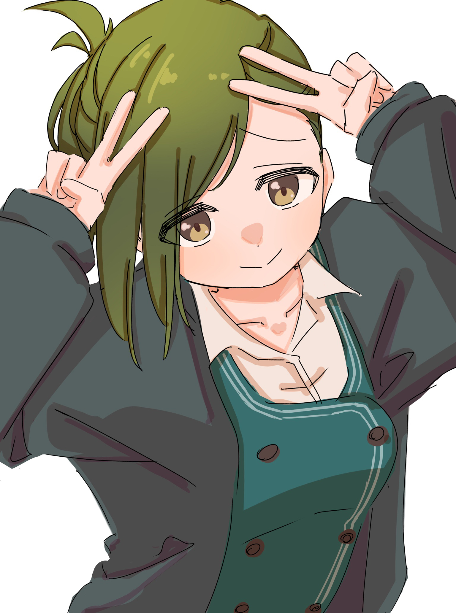 nasu danshaku, nanakusa hazuki, idolmaster, idolmaster shiny colors, commentary, highres, 1girl, arms up, black jacket, collarbone, double v, dress shirt, furrowed brow, green hair, green vest, jacket, long sleeves, looking at viewer, office lady, open collar, shirt, simple background, single sidelock, smile, solo, swept bangs, upper body, v, vest, white background, white shirt