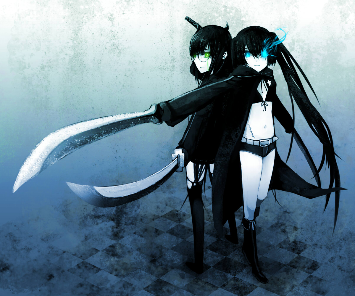 kahadu (kawazu), black devil girl, black rock shooter (character), black rock shooter, bad id, bad pixiv id, 10s, belt, boots, flat chest, green eyes, katana, long hair, midriff, scar, shorts, stitches, sword, twintails, weapon