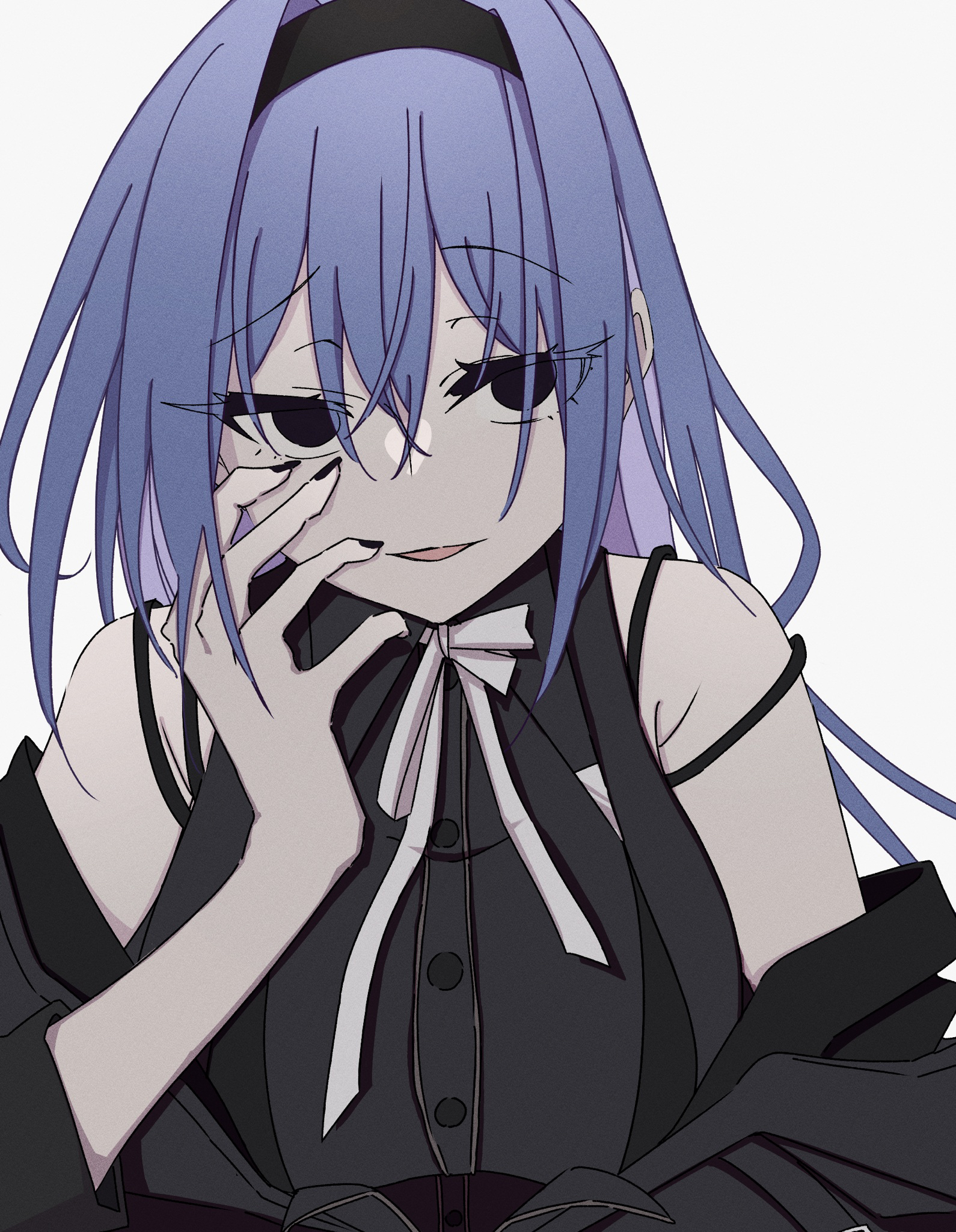 nasu danshaku, suzuki hana, idolmaster, idolmaster shiny colors, commentary, highres, 1girl, black eyes, black hairband, black jacket, black shirt, blue hair, cometik note (idolmaster), fingernails, hairband, jacket, jacket partially removed, long hair, looking at viewer, nail polish, neck ribbon, no pupils, ribbon, shirt, sleeveless, sleeveless shirt, solo, straight hair, upper body, white ribbon