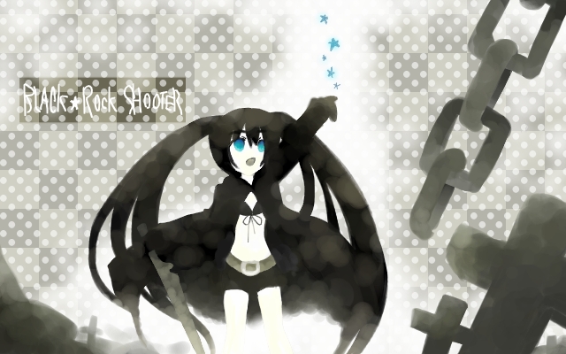 yorii shuuichi, black rock shooter (character), hatsune miku, black rock shooter, vocaloid, bad id, bad pixiv id, 10s, 1girl, chain, female focus, long hair, midriff, monochrome, solo, spot color, sword, twintails, weapon