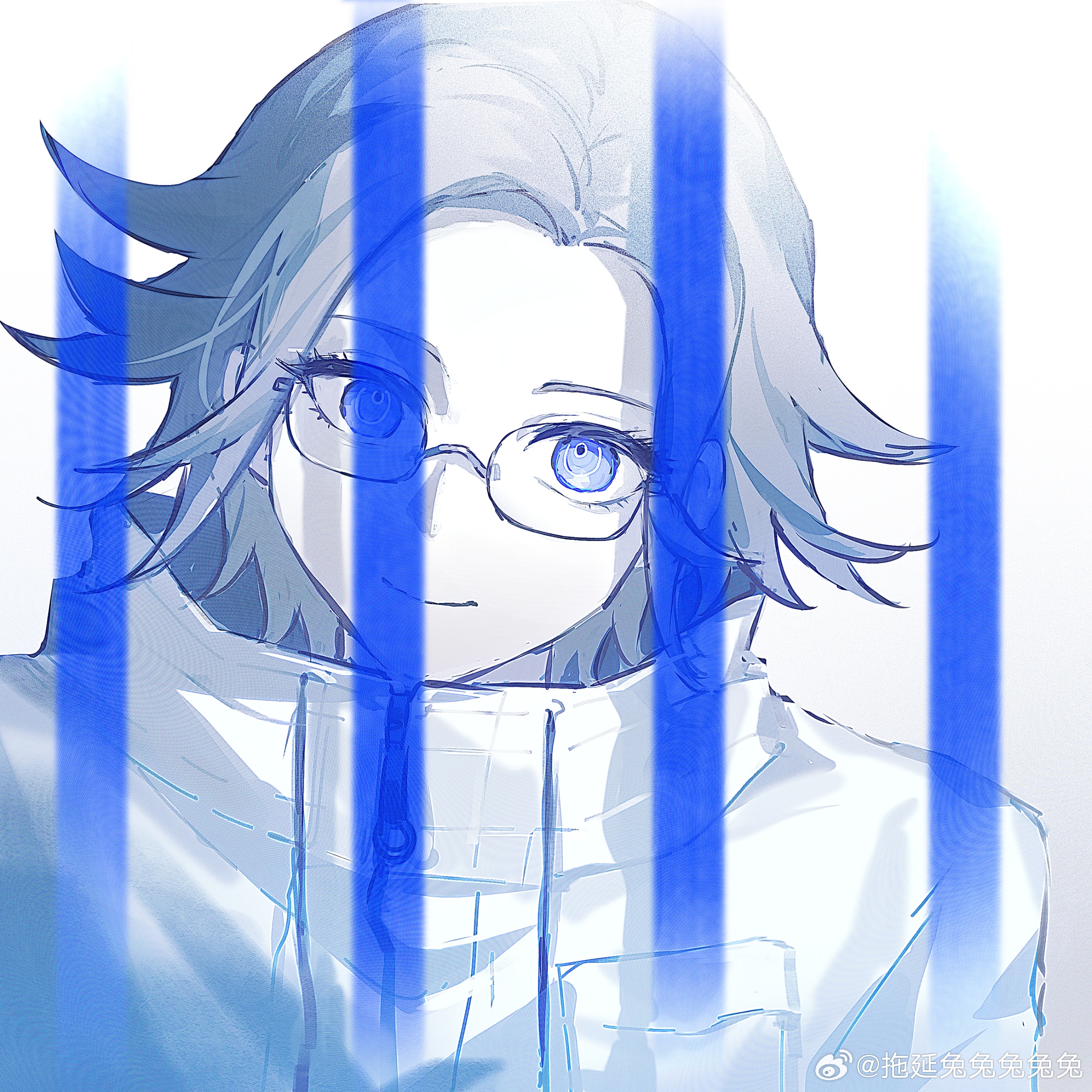 aotsuki eito, the hundred line -last defense academy-, absurdres, chinese commentary, commentary request, highres, 1boy, bars, blue eyes, buttons, closed mouth, colored skin, drawstring, eyelashes, grey hair, head tilt, high collar, jacket, looking at viewer, male focus, portrait, short hair, smile, solo, tuoyan tututututu, watermark, weibo watermark, white jacket, white skin